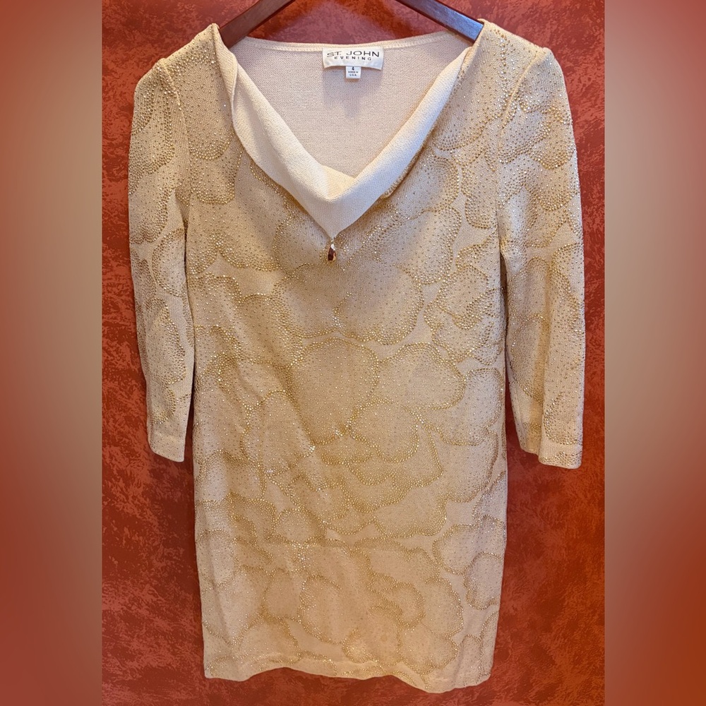 St. John Evening Gold Shimmer Mini Dress, Size 4. Draped cowl neckline.